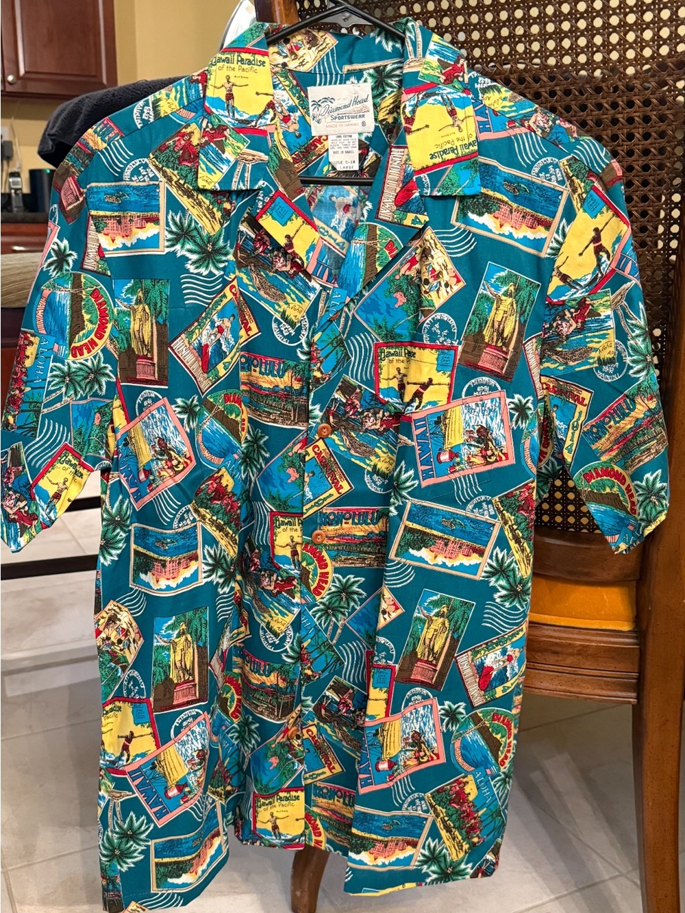 Teal Tropical Postcard Print Button-Up